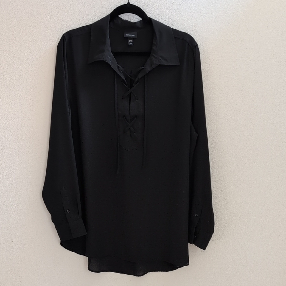 WhoWhatWear Black Lace-Up Collar Long Sleeve Blouse